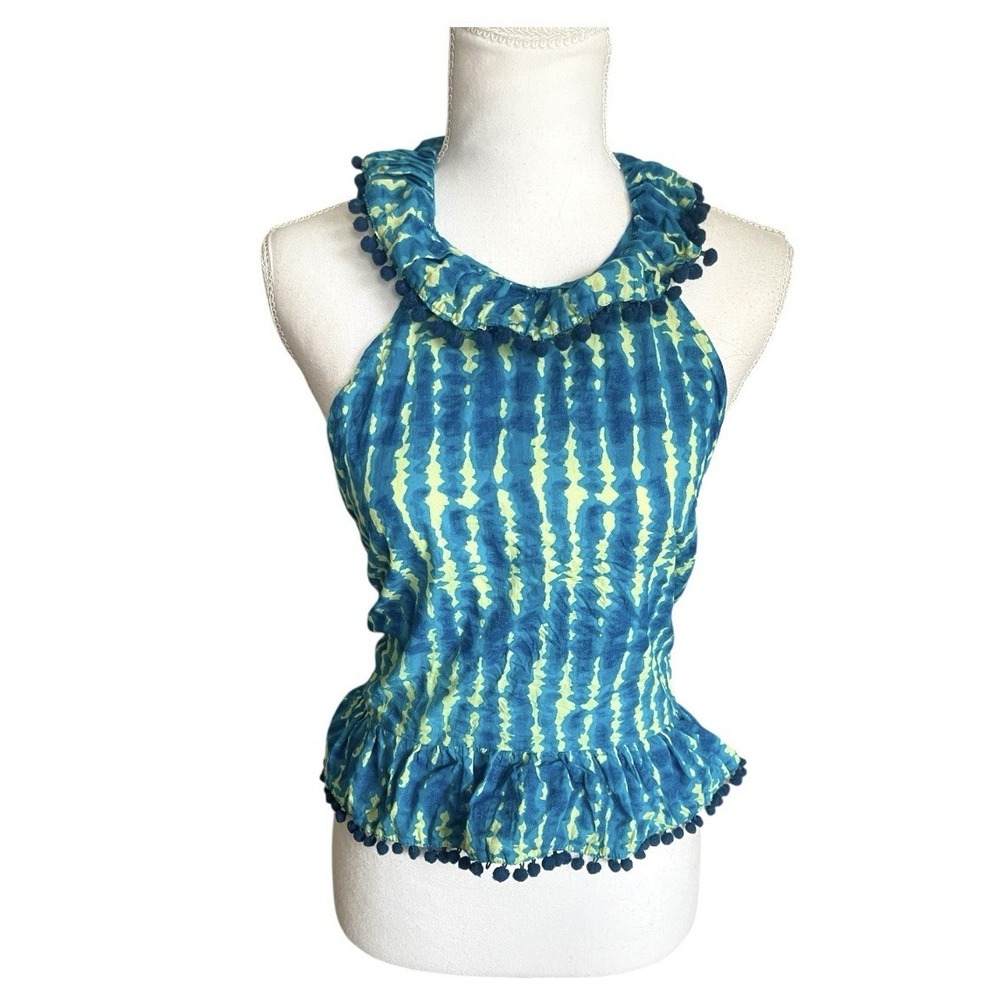 Women's Lanidor 100% Cotton Blue Green Tie Dye Halter Crop Top Tropical Vacation